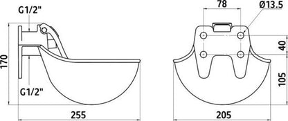 Drinkbak metaal 1/2", RVS tong - 2 stuks